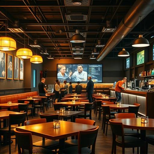 A bustling restaurant interior with tables, chairs, and a bar.