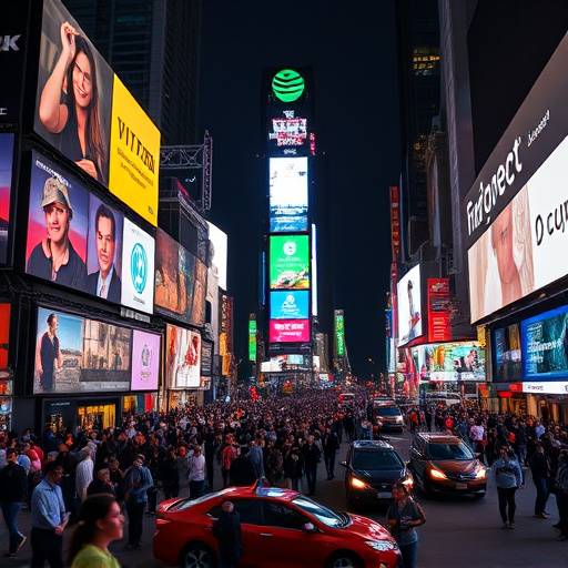A bustling scene in Times Square at night, illuminated by billboards and lights.