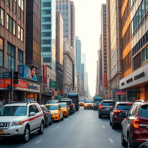 A bustling street scene with buildings, cars, and pedestrians.