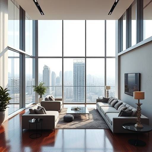 A modern, upscale apartment interior with large windows overlooking the city.