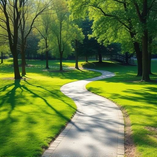 A peaceful park with trees, grass, and walking paths.