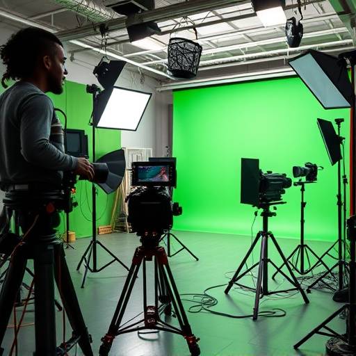 A professional film studio with lighting equipment and a green screen.