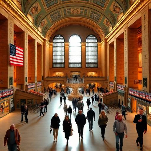 A view of Grand Central Terminal's main concourse with people walking through it.