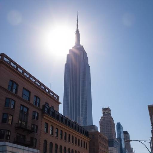 Exterior shot of the Empire State Building on a sunny day, a popular filming location.
