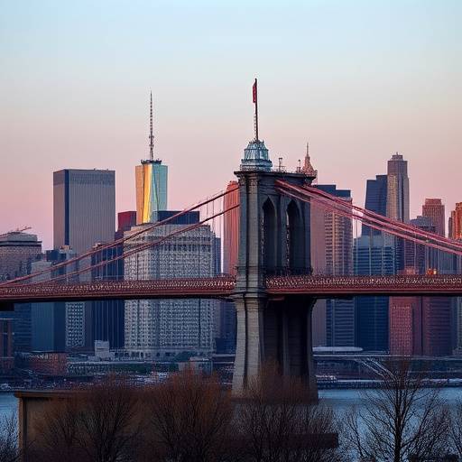 The Brooklyn Bridge with the Manhattan skyline in the background.