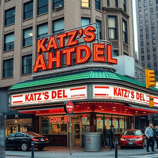 The iconic exterior of Katz's Delicatessen in New York City.