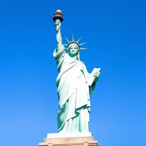 The Statue of Liberty against a clear blue sky.
